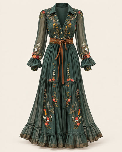 Embroidered V-Neck Long Sleeve Maxi Dress for Women – clean studio photo