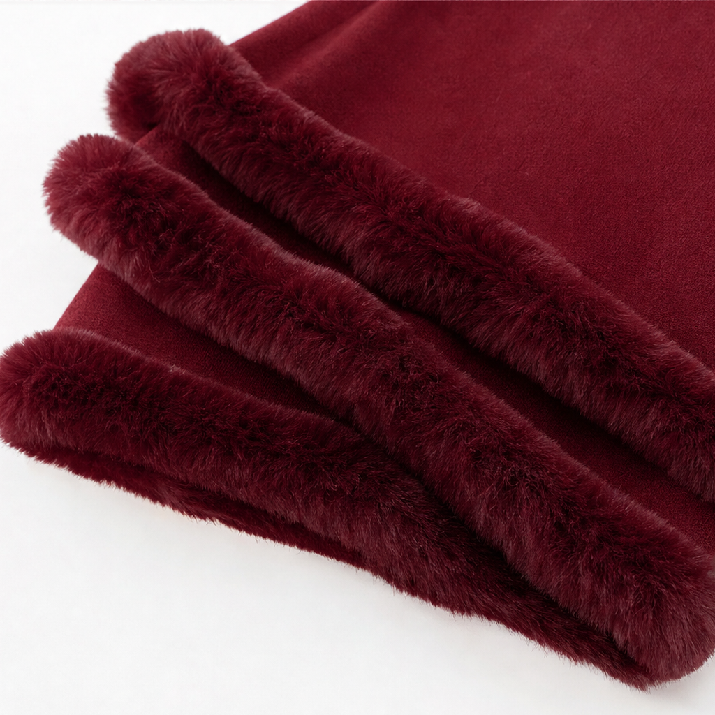 Dames Cape Coat met Bontrand en Capuchon - Gebreide Omslagjas