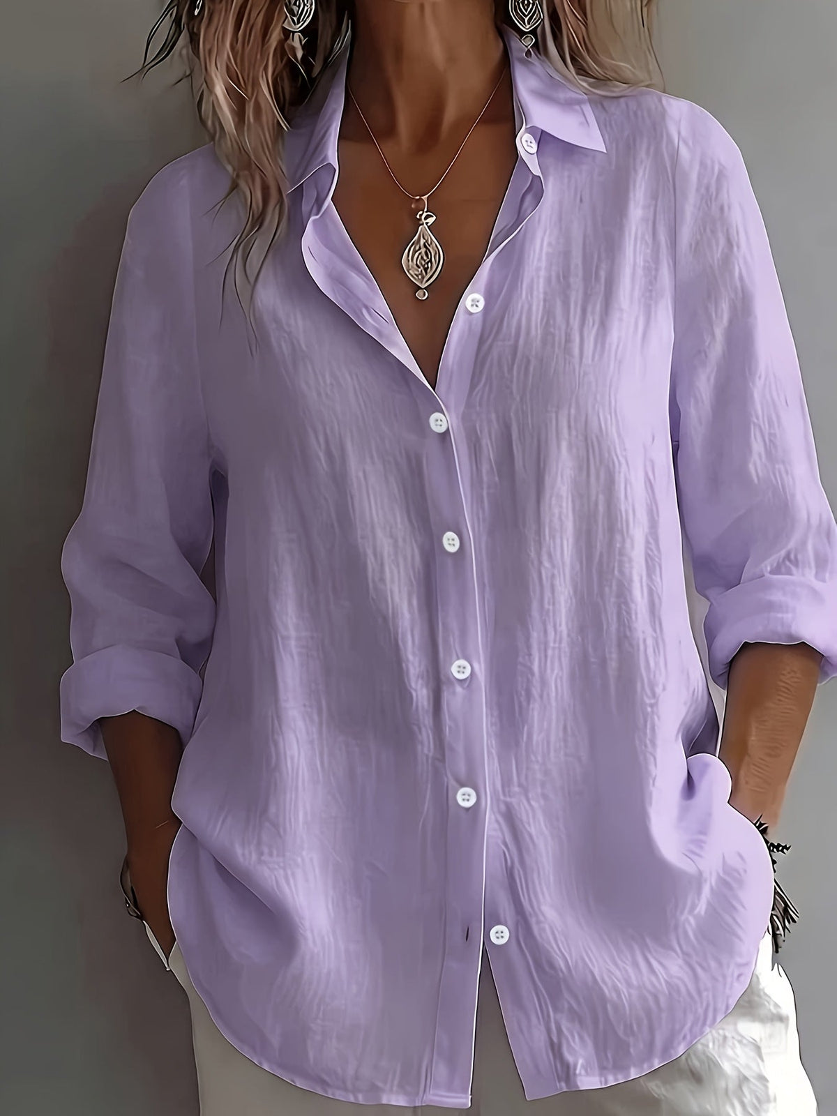 Dames Linnen Blouse met Omgeslagen Kraag en Lange Mouwen