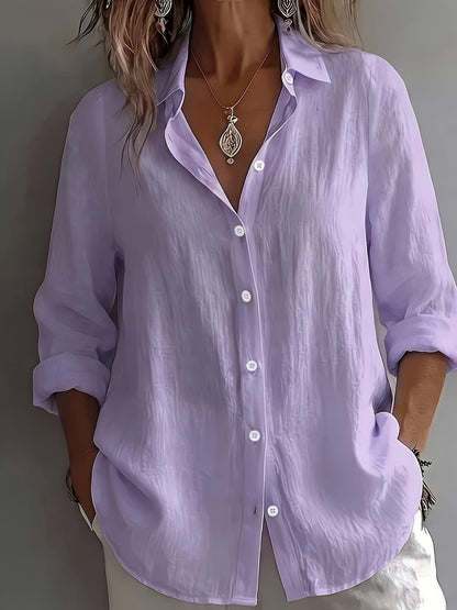 Dames Linnen Blouse met Omgeslagen Kraag en Lange Mouwen