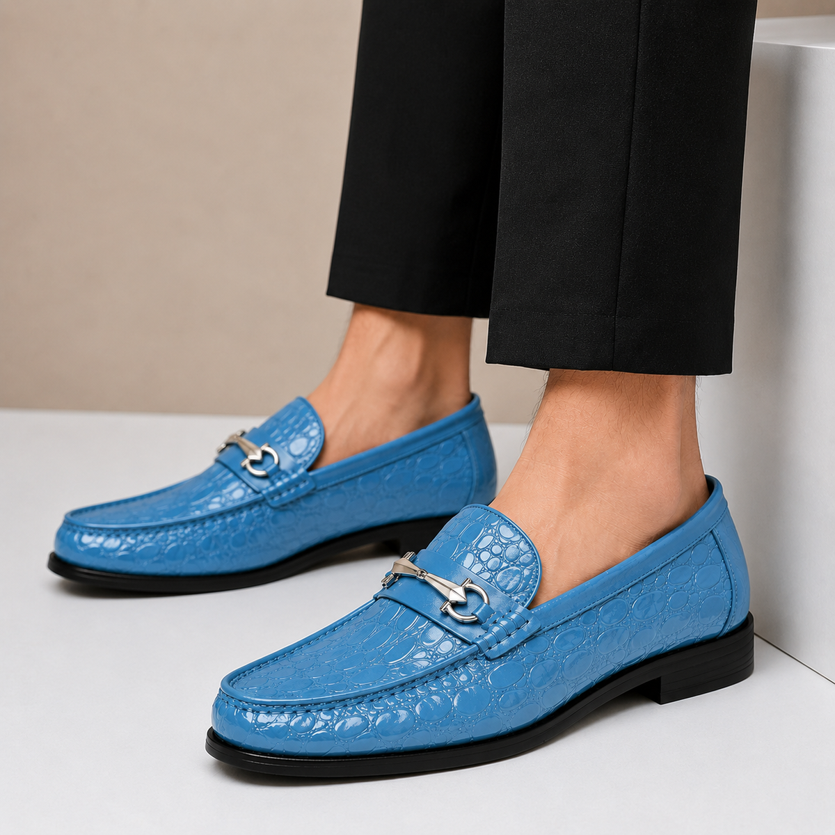 Heren Loafers Runderleer met Gegraveerde Structuur en Metalen Accent