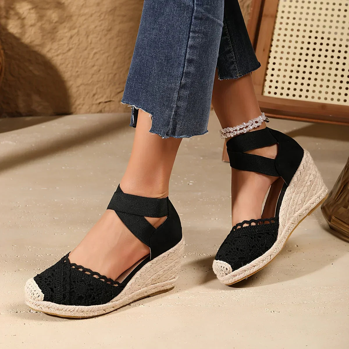 Gehaakte Dames Sleehak met Elastische Enkelband – Comfortabele Zomerse Schoen