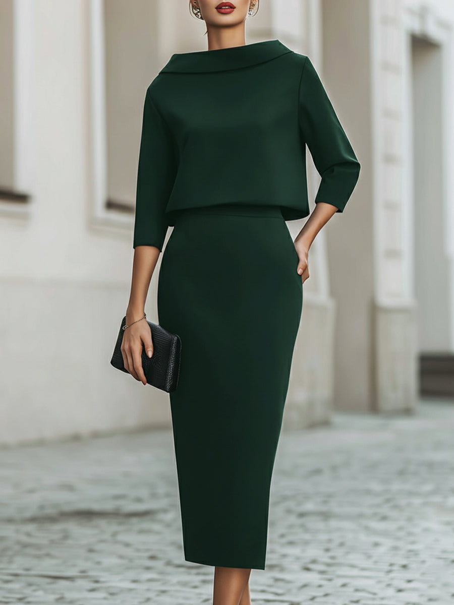 Dames Getailleerde Set – Top met Bootnek en Midi Rok voor Casual Gebruik