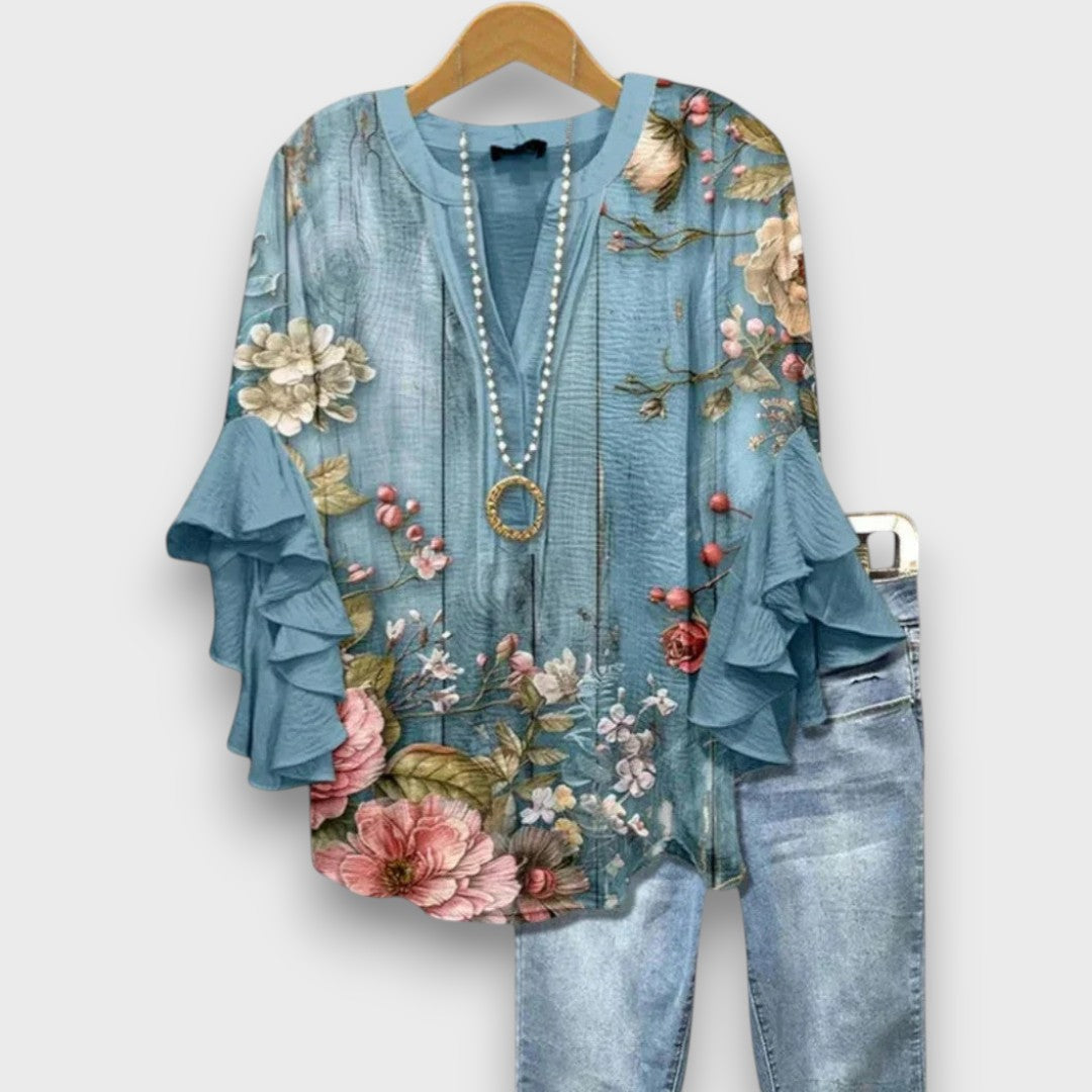 Dames Blouse met V-hals en Rüschenmouwen met Bloemenprint