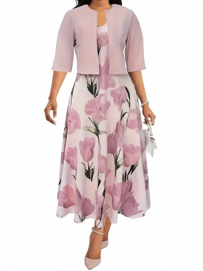 Dames Maxi Jurk met Bloemenprint en Bijpassende Open Jacket Driekwart Mouw