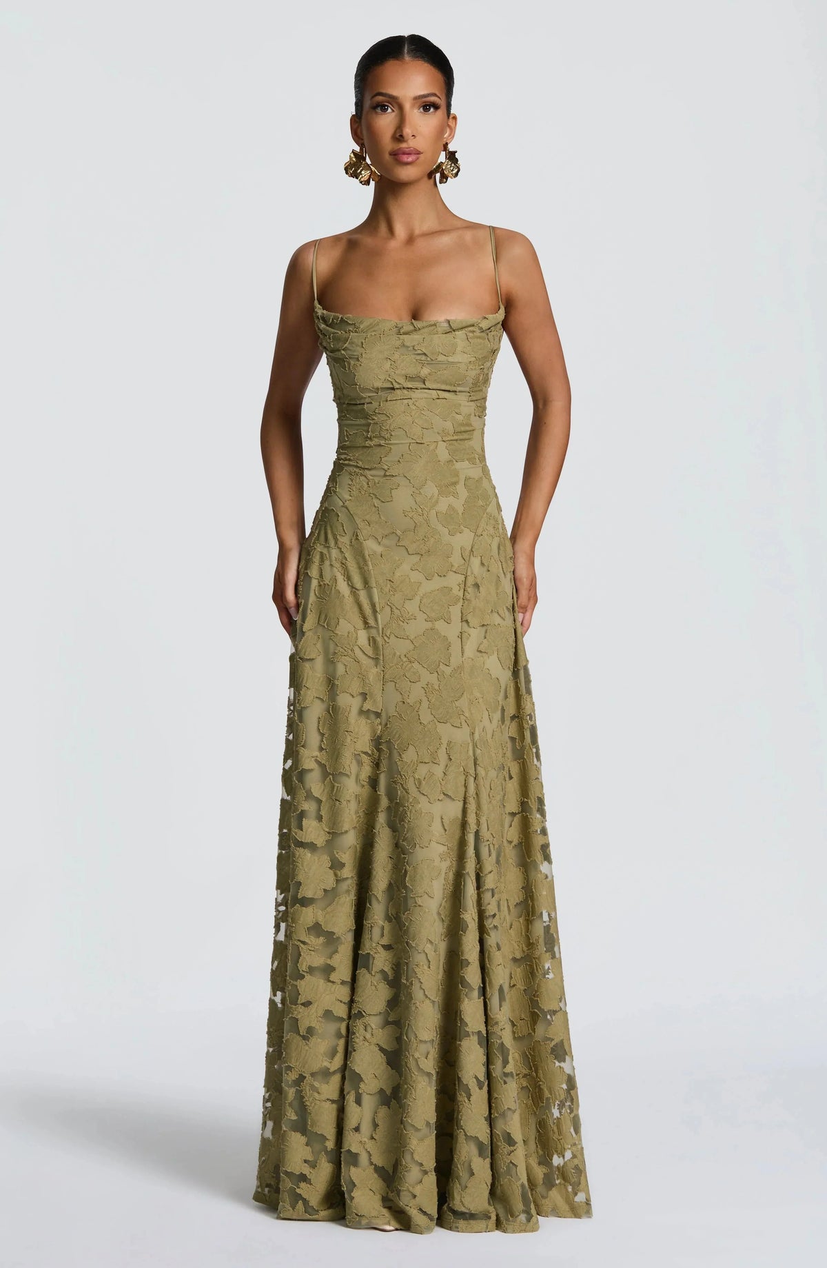 Dames Maxi Jurk Mouwloos met Cowl-hals en Bloemenpatroon Saliegroen