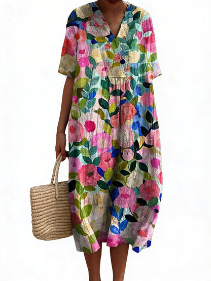 Dames Midi Jurk met V-hals en Korte Mouwen met Bloemenprint
