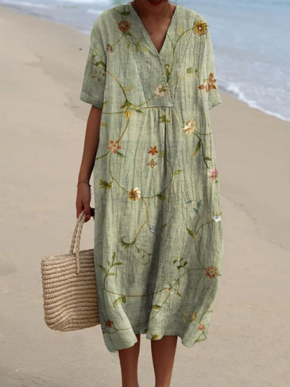 Dames Midi Jurk met V-hals en Korte Mouwen met Bloemenprint