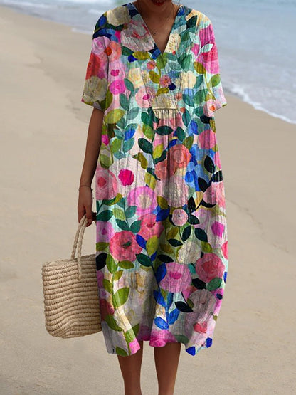 Dames Midi Jurk met V-hals en Korte Mouwen met Bloemenprint Multicolor Bloemenprint