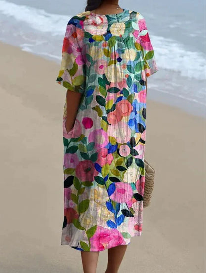 Dames Midi Jurk met V-hals en Korte Mouwen met Bloemenprint