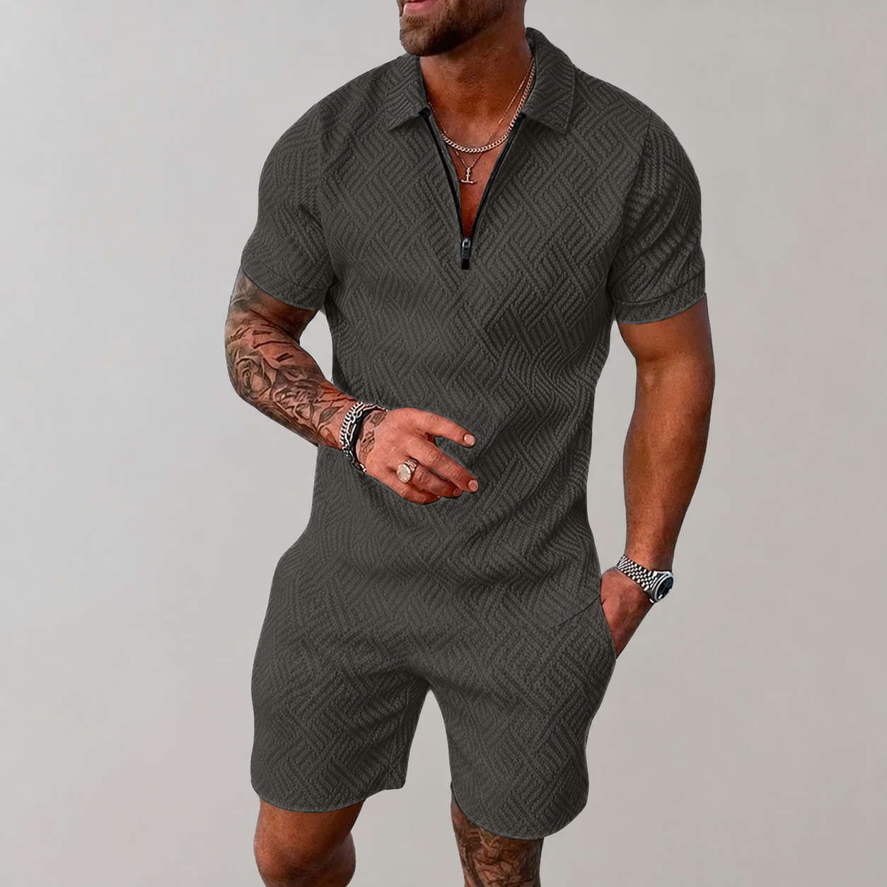 Heren Slim Fit Set – Casual voor Zomergebruik, Met Korte Mouwen en Rits