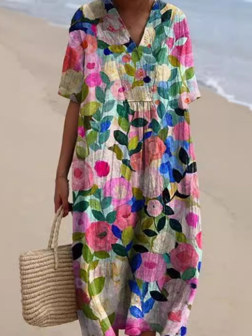 Dames Midi Jurk Korte Mouw met Bloemenprint