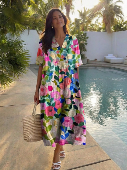 Dames Midi Jurk Korte Mouw met Bloemenprint