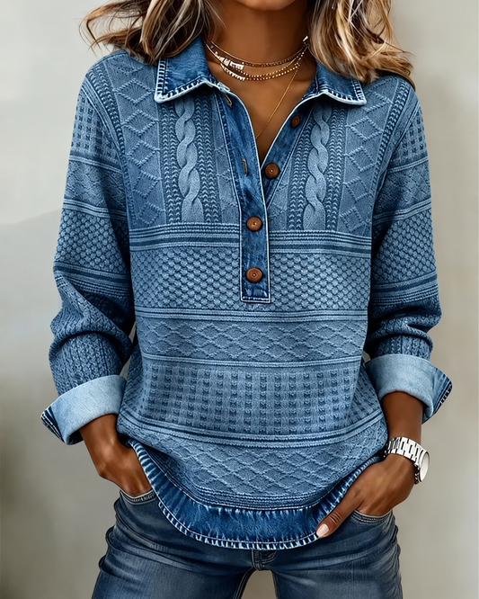 Damska oversize’owa bluza – z częściowym zapięciem na guziki i kołnierzykiem, odpowiednia na co dzień