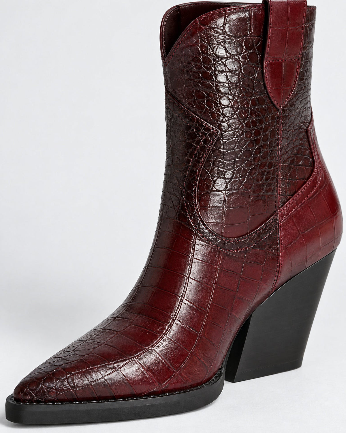 Croc-Embossed Leather Western Wedge Ankle Boots for Women – close-up detail