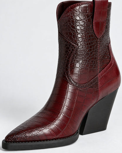 Croc-Embossed Leather Western Wedge Ankle Boots for Women – close-up detail