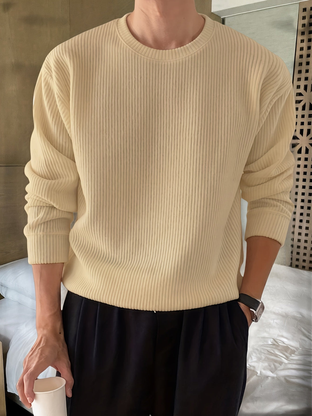 Heren Ribgebreide Crew-Neck Trui met Losse Pasvorm