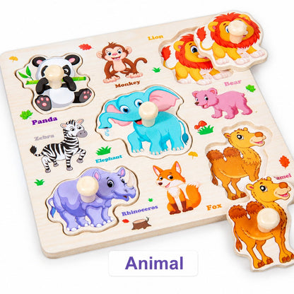 Wooden hand-grip peg puzzle board, Animal theme with panda, lion, elephant, zebra and camel pieces