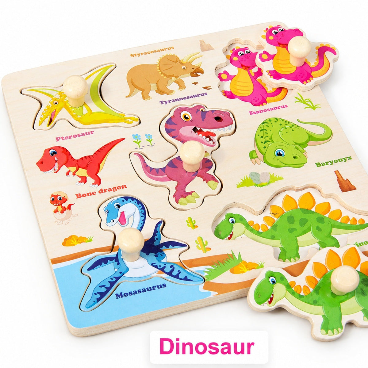 Wooden hand-grip peg puzzle board, Dinosaur theme with T-Rex, triceratops, stegosaurus, pterosaur and mosasaurus pieces
