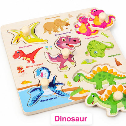 Wooden hand-grip peg puzzle board, Dinosaur theme with T-Rex, triceratops, stegosaurus, pterosaur and mosasaurus pieces