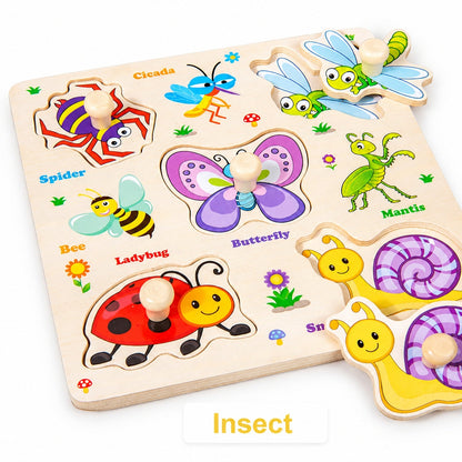 Wooden hand-grip peg puzzle board, Insect theme with butterfly, ladybug, bee, dragonfly and snail pieces