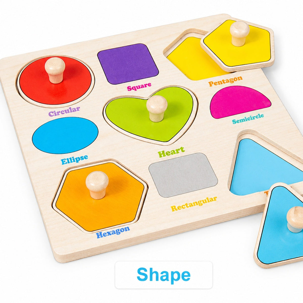 Wooden hand-grip peg puzzle board, Shape theme with circle, square, heart, hexagon and triangle pieces
