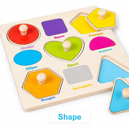 Wooden hand-grip peg puzzle board, Shape theme with circle, square, heart, hexagon and triangle pieces