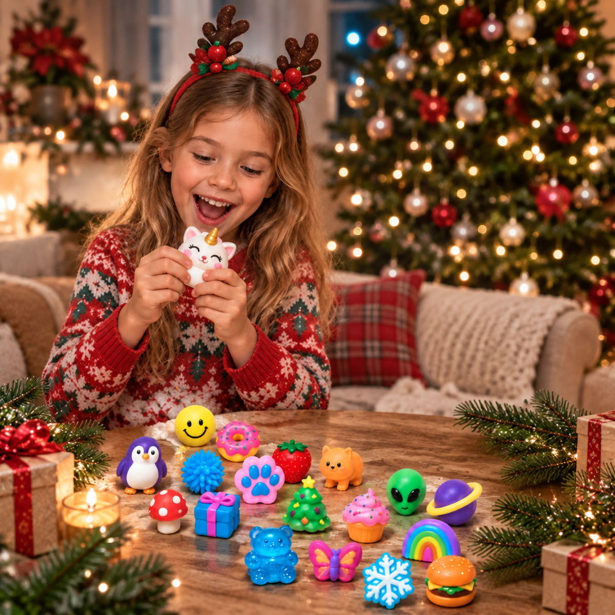 Petite fille heureuse en pull de Noël souriant en serrant un jouet squishy licorne du calendrier de l'Avent