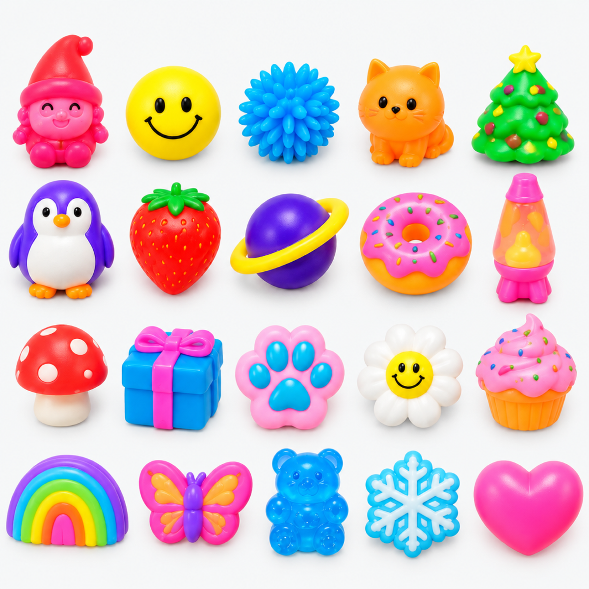 All 20 squishy toy shapes from the advent calendar, including unicorn, donut, alien, penguin and strawberry designs