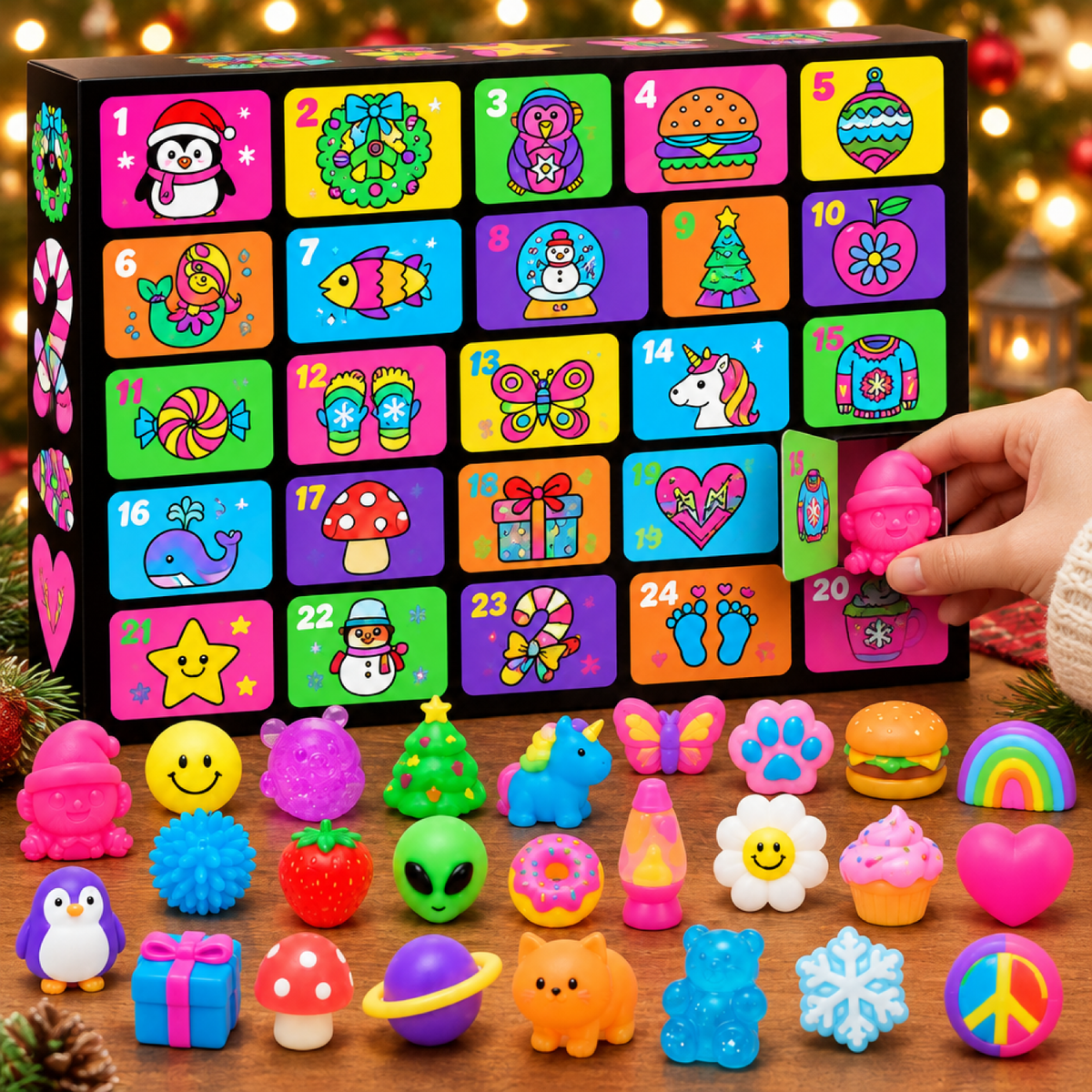 Main ouvrant une porte numérotée du calendrier de l'Avent pour révéler un jouet squishy surprise à l'intérieur