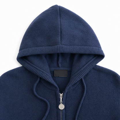 Dames Rits Hoodie Gebreide Trui met Drop-Shoulder en Gestreepte Mouw