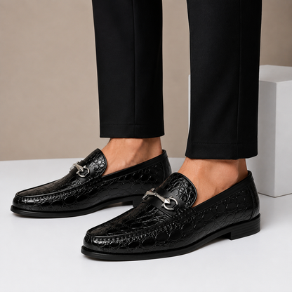 Heren Loafers Runderleer met Gegraveerde Structuur en Metalen Accent