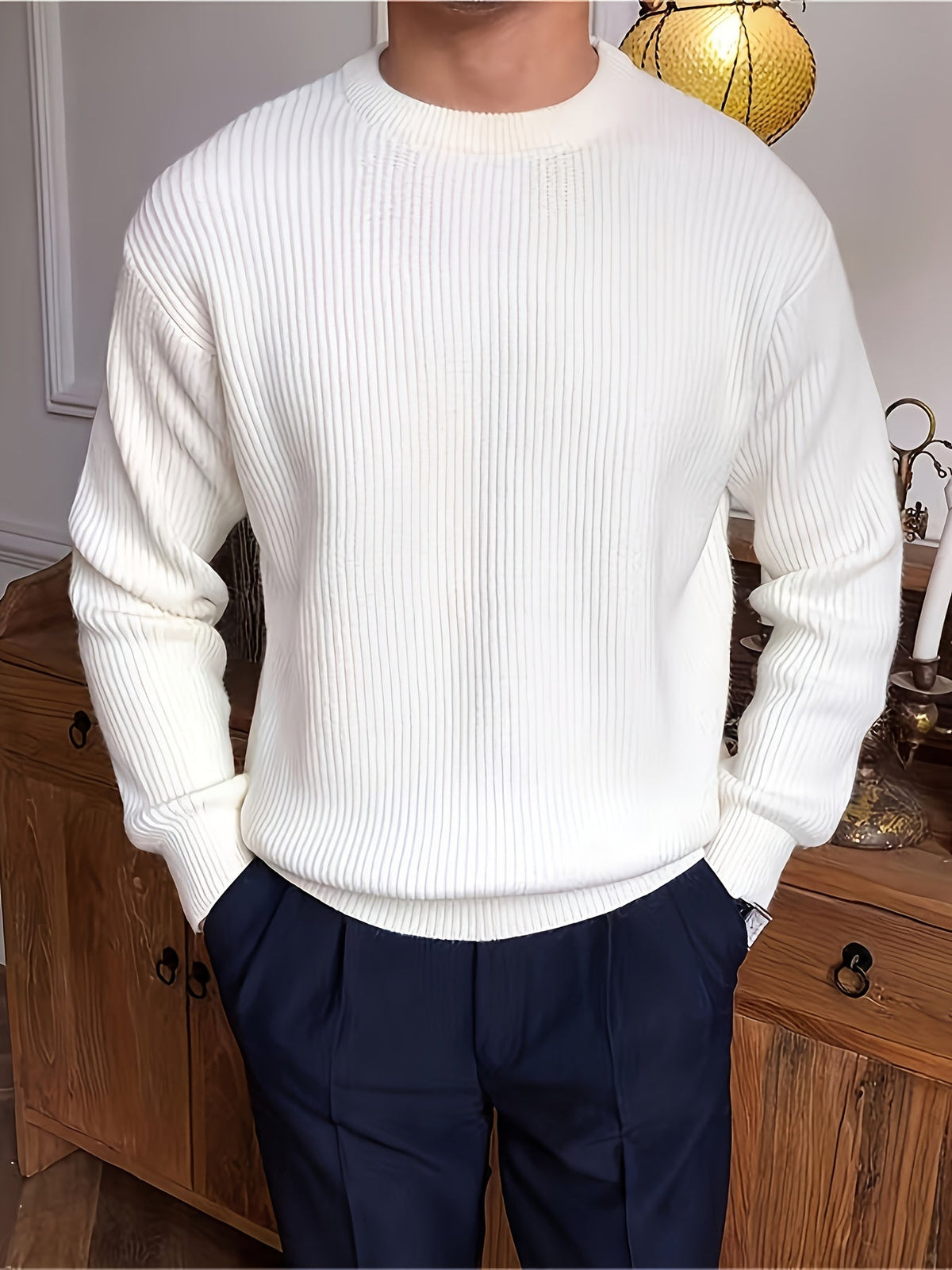 Heren Ribgebreide Crew-Neck Trui met Losse Pasvorm