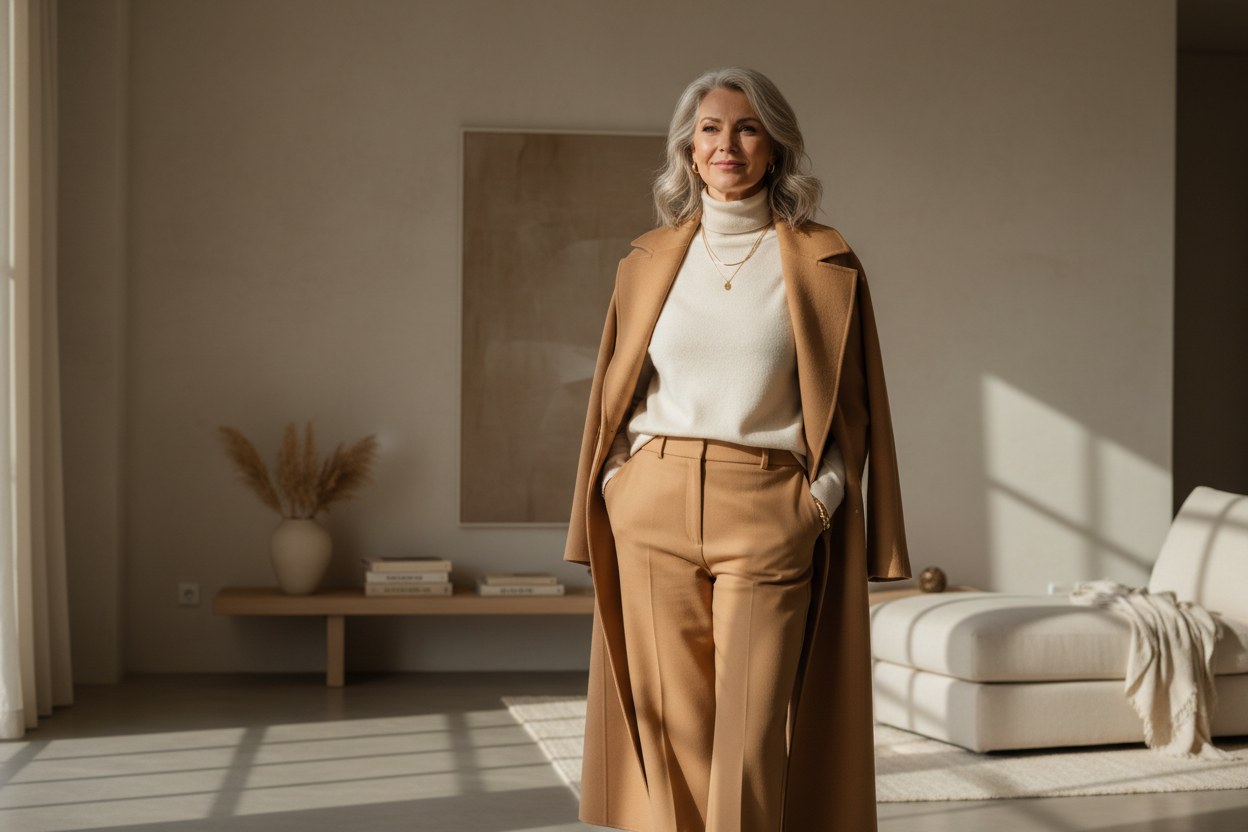 Elegant mature woman (40-50) wearing stylish modern fashion in soft neutral tones, photographed indoors in natural light. Warm beige and brown color palette, soft shadows, minimalistic high-end aesthetic. Confident pose, gentle expression, premium lifestyle atmosphere. Clothing should feel elegant, feminine and timeless, suitable for women 40+. Scandinavian-inspired background with clean lines and subtle decor.