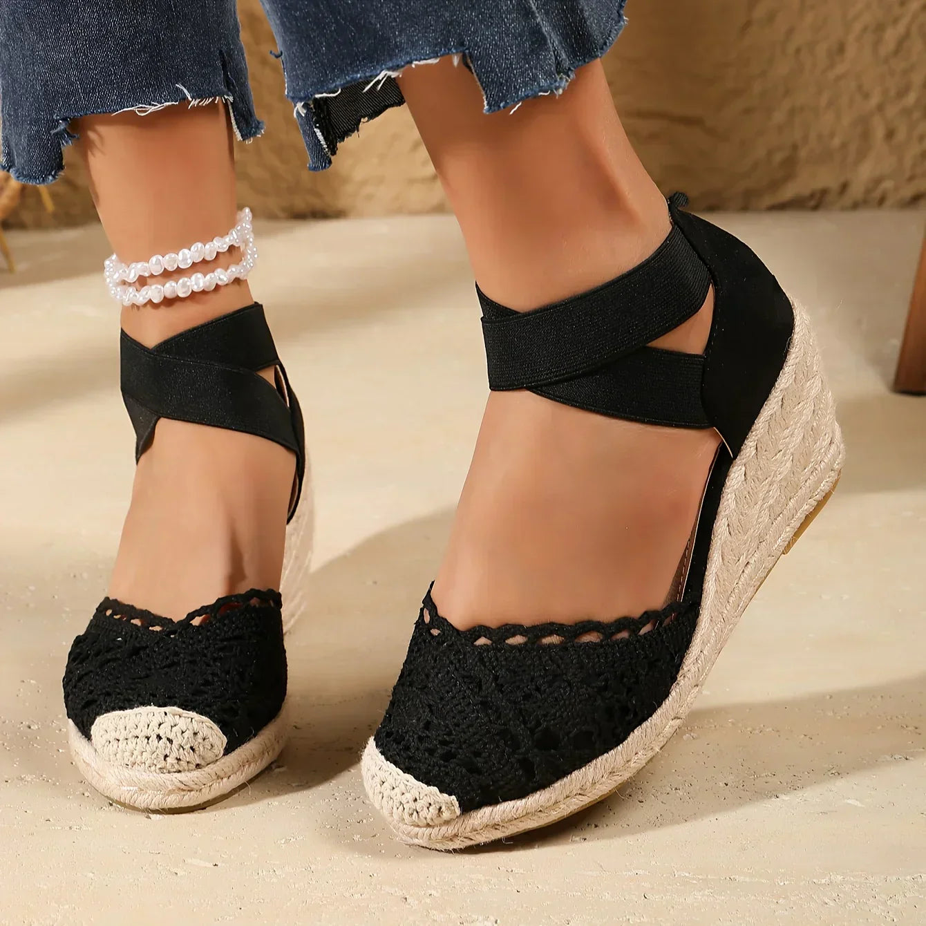 Gehaakte Dames Sleehak met Elastische Enkelband – Comfortabele Zomerse Schoen