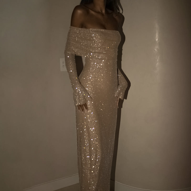 Dames Off-Shoulder Maxi Jurk – Effen, Comfortabel voor Avondkleding, Met Glitters