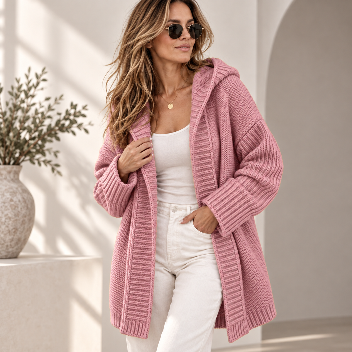 Dames Vest met Capuchon Grof Gebreid Longline Cardigan