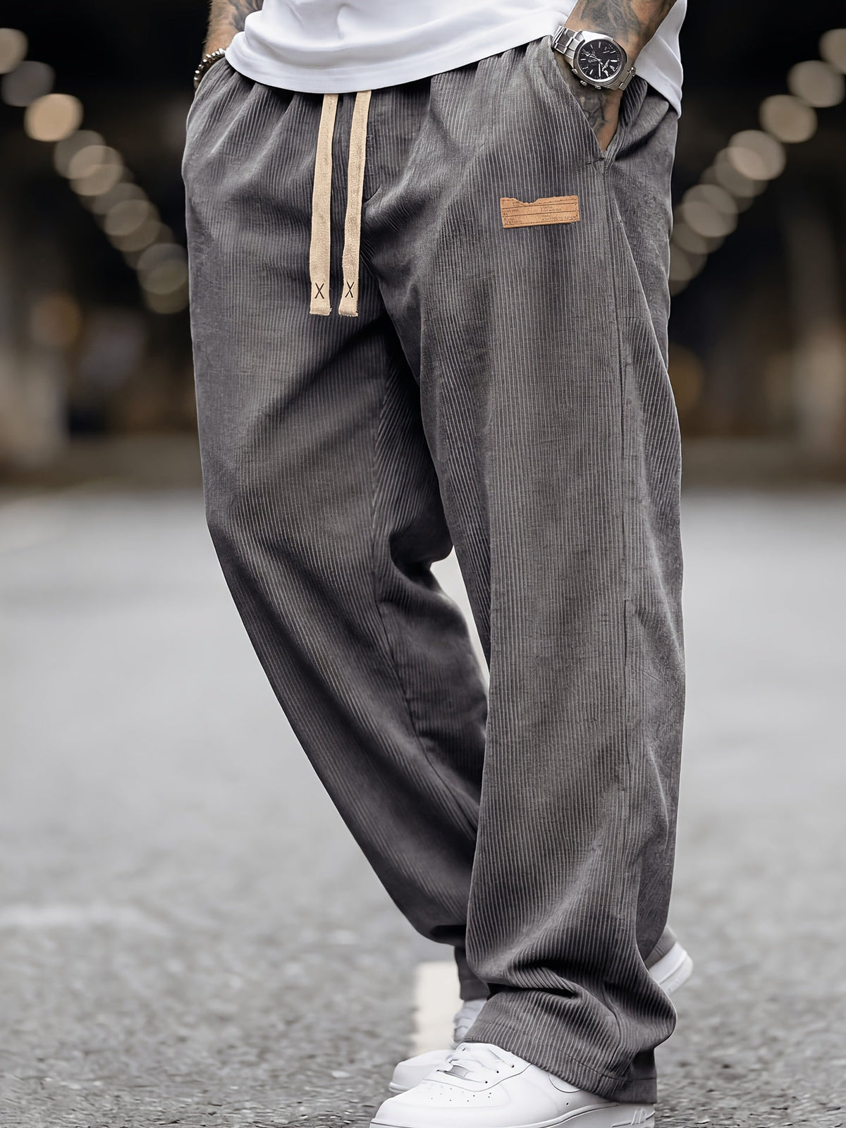 Heren Ribfluwelen Broek Losse Pasvorm met Elastische Taille en Zakken