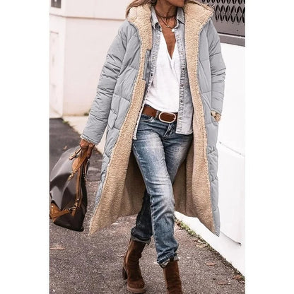 Femme Manteau Long Matelassé avec Capuche et Doublure Sherpa
