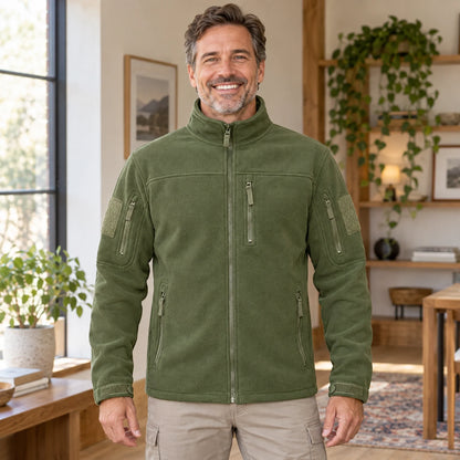 Lucas Multi Pocket Zip Fleece Jacket Green front worn by an adult model in a realistic setting, complete garment visible