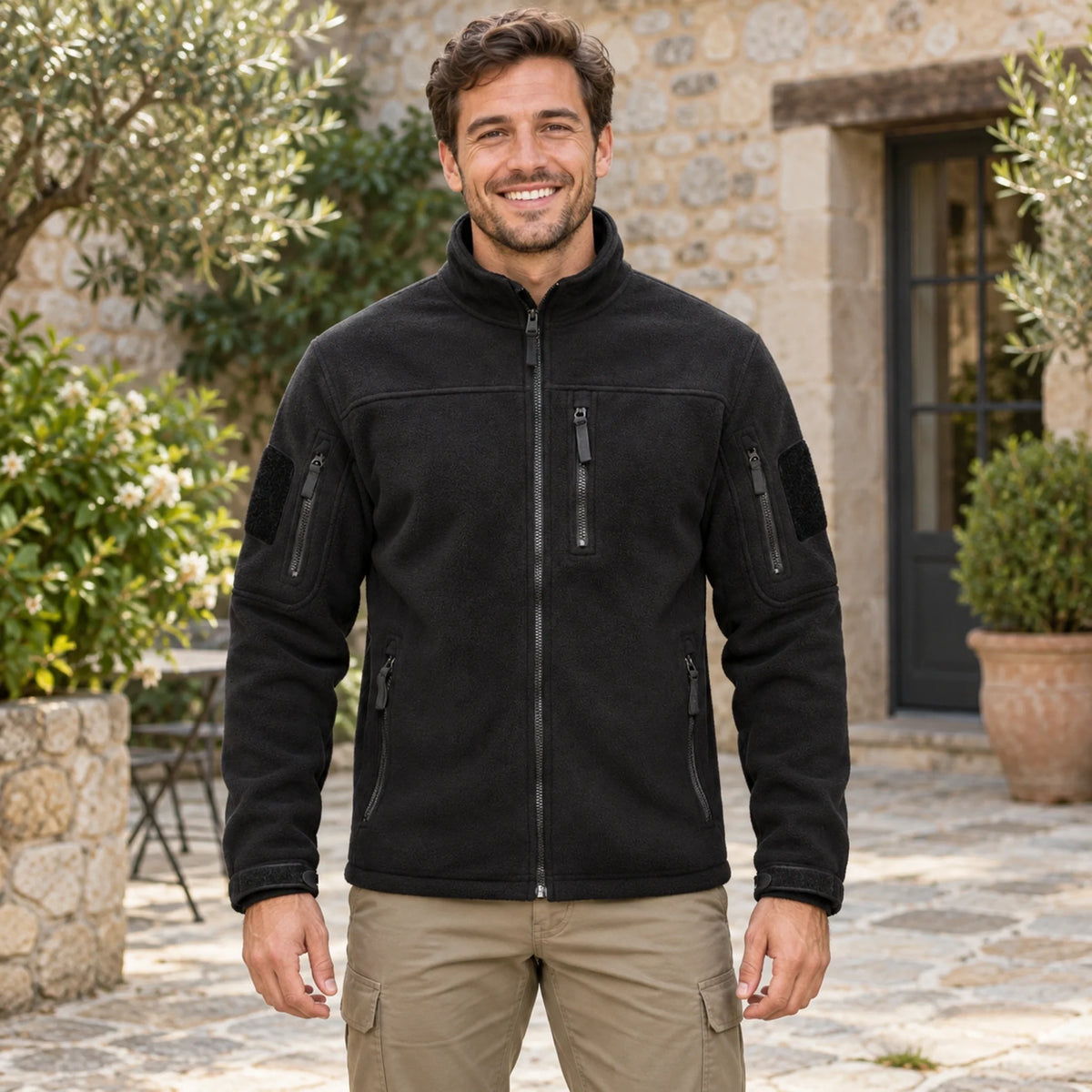 Lucas Multi Pocket Zip Fleece Jacket Black front worn by an adult model in a realistic setting, complete garment — view 2
