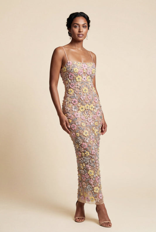 Floral Pastel Floral 3d Embroidered Fitted Maxi Dress - Photo 1