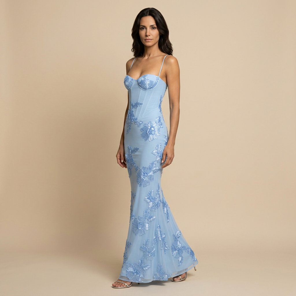 Gala Jurk Zeemeermodel met Corset en 3D Bloemenapplicaties op Tule