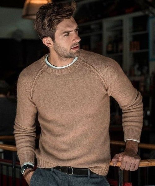 Gebreide Crew Neck Trui met Lange Mouwen voor Heren - Khaki
