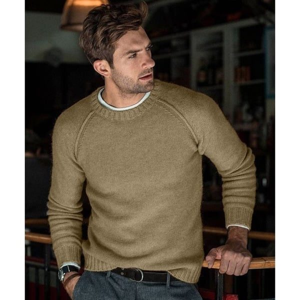 Gebreide Crew Neck Trui met Lange Mouwen voor Heren - Lichtbruin