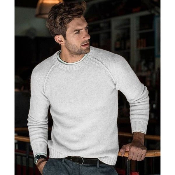 Gebreide Crew Neck Trui met Lange Mouwen voor Heren - Witgrijs