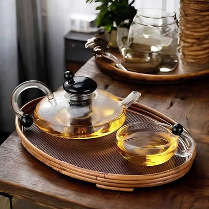 glass teapot set with cups in transparent