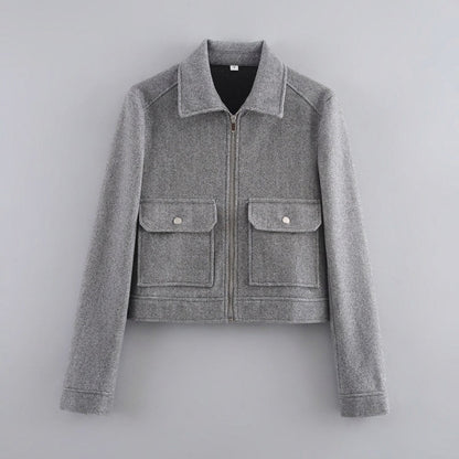 Udine Cropped Jacket — Grey, flat lay front on grey seamless