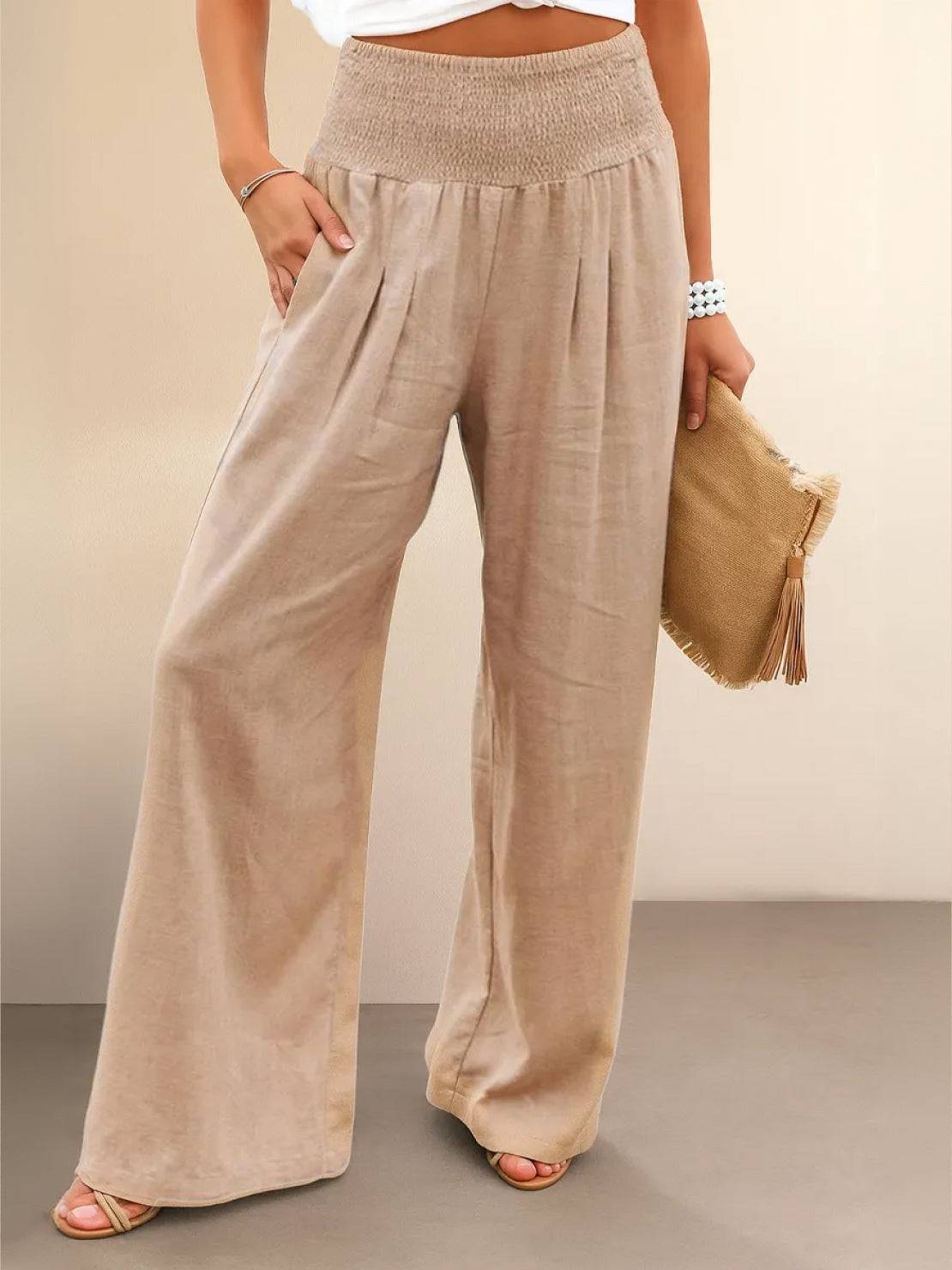 Dames Wide Leg Broek Hoge Taille met Smockdetail