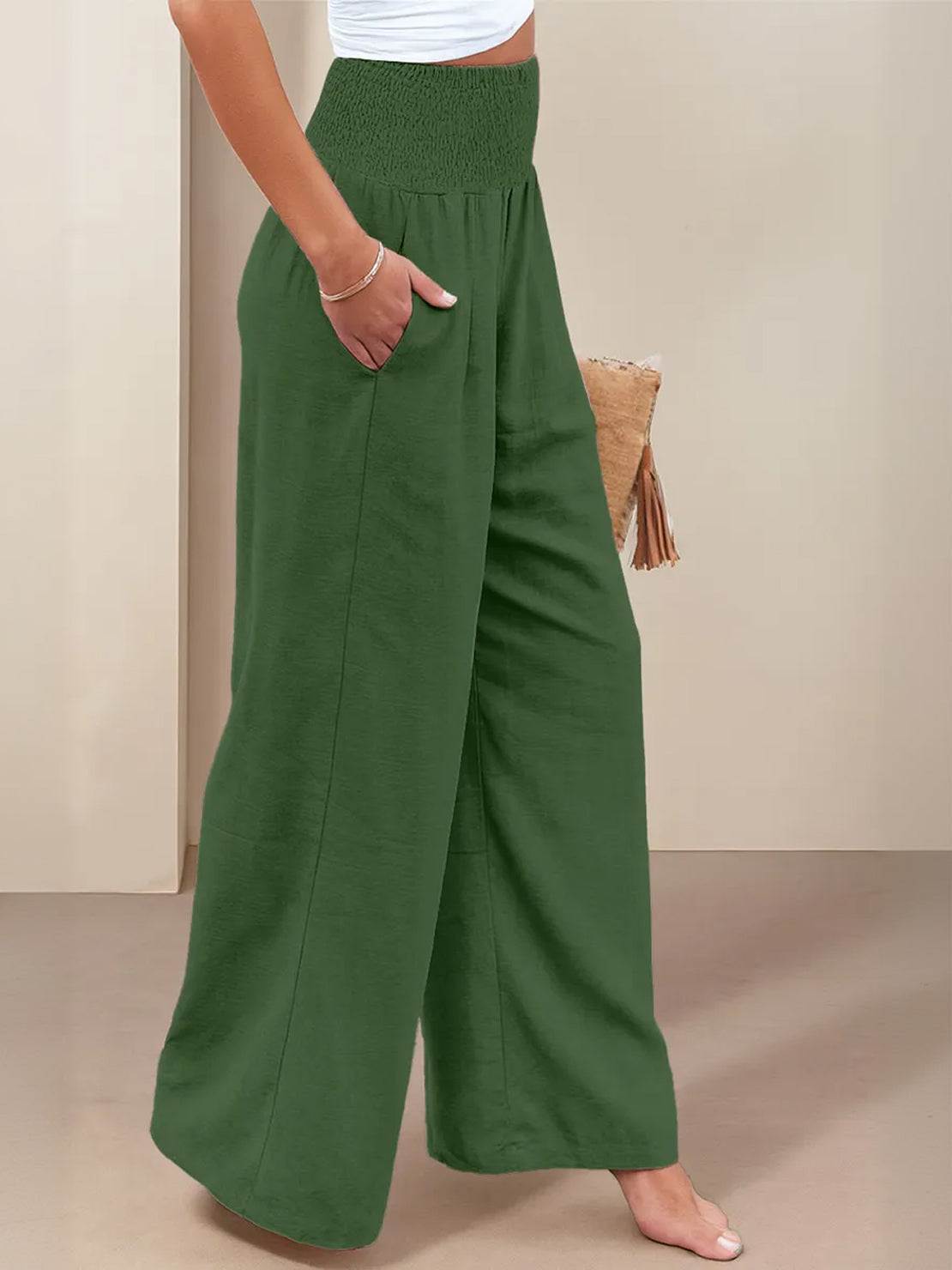 Dames Wide Leg Broek Hoge Taille met Smockdetail